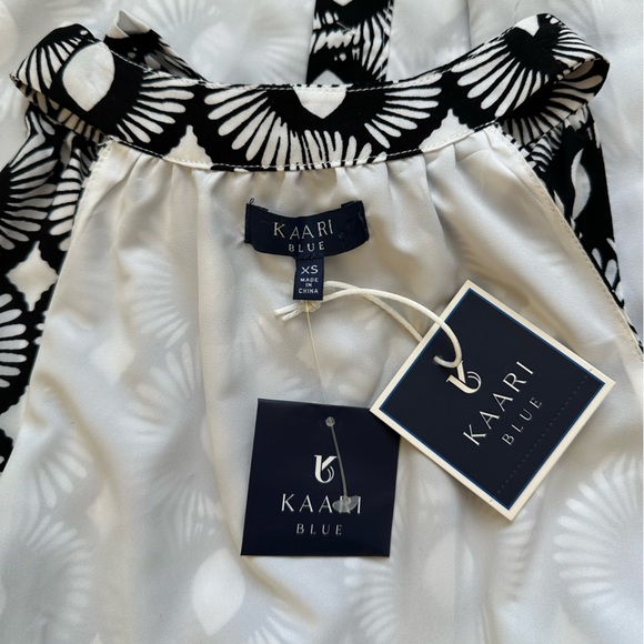 Kaari Blue Abstract Black & White Fan Tie Neck Everyday Essentials Dress NWT~ XS - Picture 6 of 12